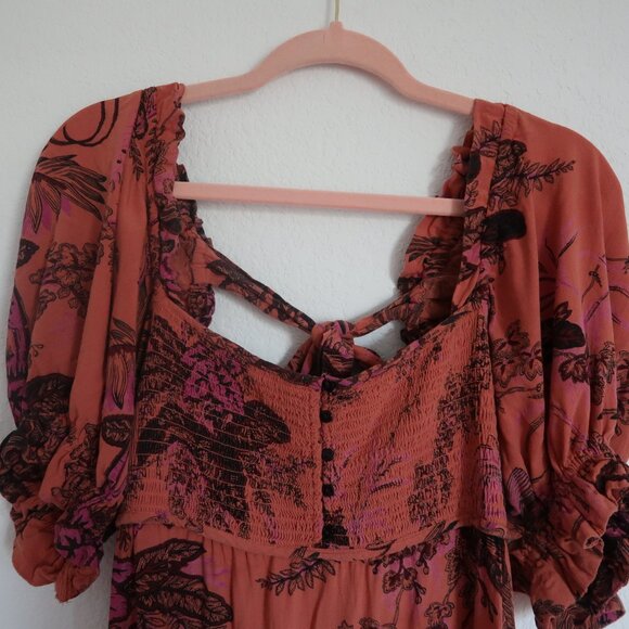 Anthropologie Puff-Sleeve Smocked Dress Midi Floral Orange Size Small - Picture 6 of 12